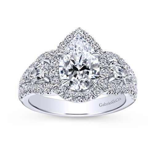 14K White Gold Pear Shape Three Stone Halo Diamond Engagement Ring