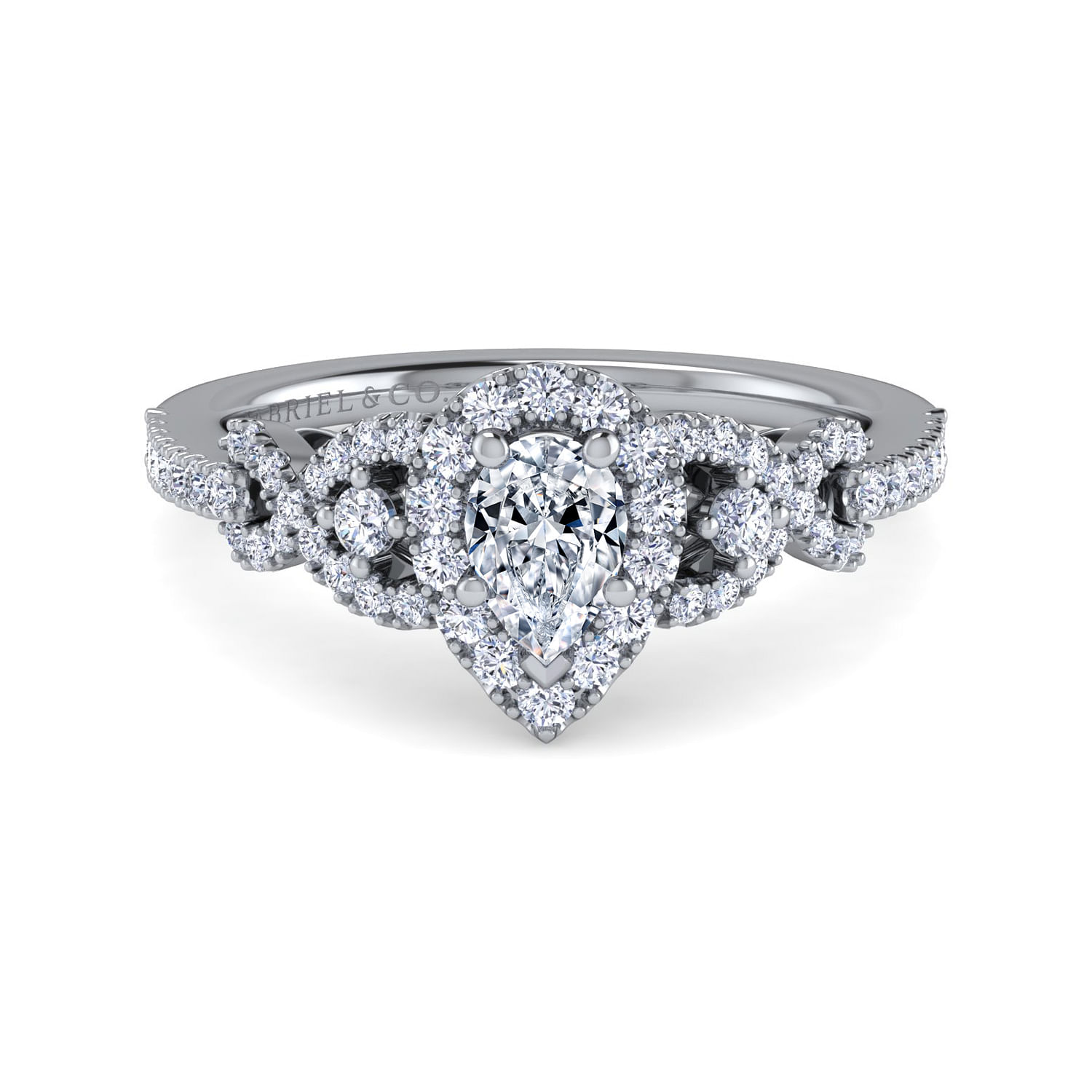 Gabriel - 14K White Gold Pear Shape Three Stone Halo Diamond Engagement Ring