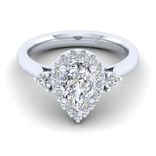 14K White Gold Pear Shape Three Stone Halo Diamond Engagement Ring