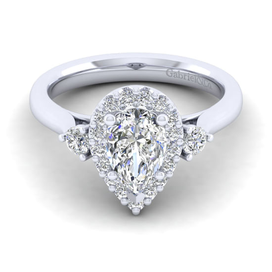 Gabriel - 14K White Gold Pear Shape Three Stone Halo Diamond Engagement Ring