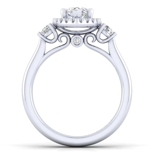 14K White Gold Pear Shape Three Stone Halo Diamond Engagement Ring