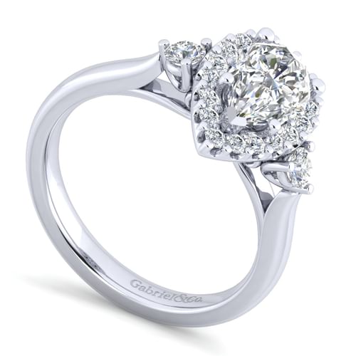 14K White Gold Pear Shape Three Stone Halo Diamond Engagement Ring