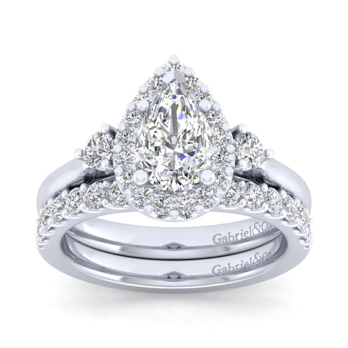 14K White Gold Pear Shape Three Stone Halo Diamond Engagement Ring