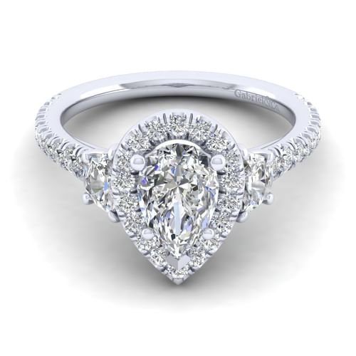 14K White Gold Pear Shape Three Stone Halo Diamond Engagement Ring
