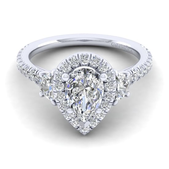 Gabriel - 14K White Gold Pear Shape Three Stone Halo Diamond Engagement Ring