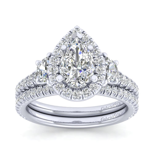 14K White Gold Pear Shape Three Stone Halo Diamond Engagement Ring