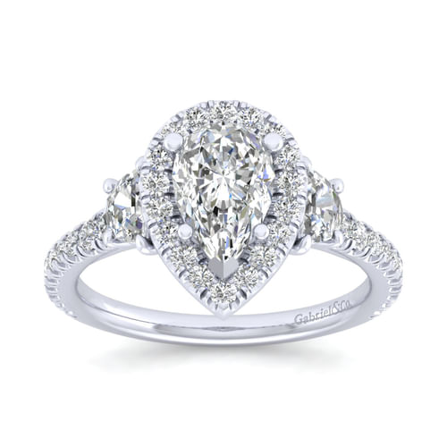 14K White Gold Pear Shape Three Stone Halo Diamond Engagement Ring