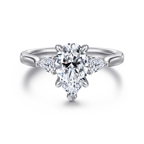 14K White Gold Pear Shape Three Stone Lotus Diamond Engagement Ring