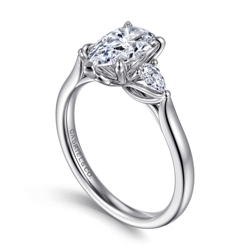 14K White Gold Pear Shape Three Stone Lotus Diamond Engagement Ring