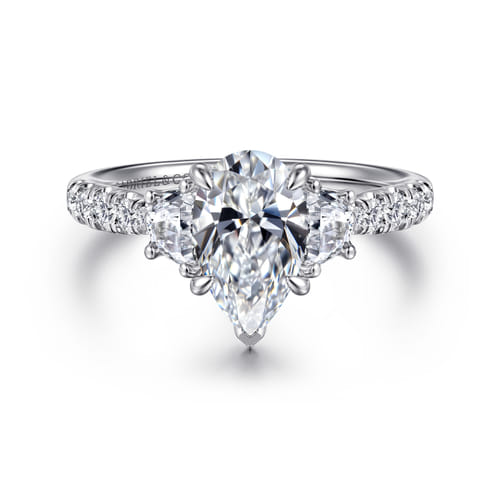 14K White Gold Pear Shape Three Stone Lotus Diamond Engagement Ring