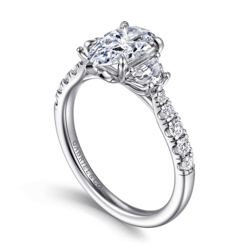 14K White Gold Pear Shape Three Stone Lotus Diamond Engagement Ring