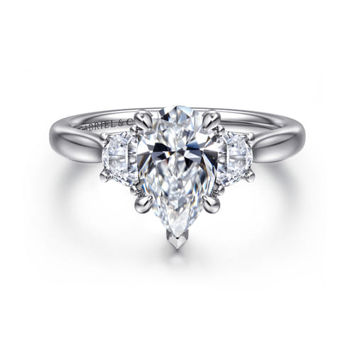 14K White Gold Pear Shape Three Stone Lotus Diamond Engagement Ring