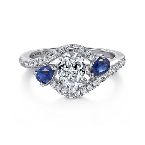 14K White Gold Pear Shape Three Stone Sapphire and Diamond Engagement Ring