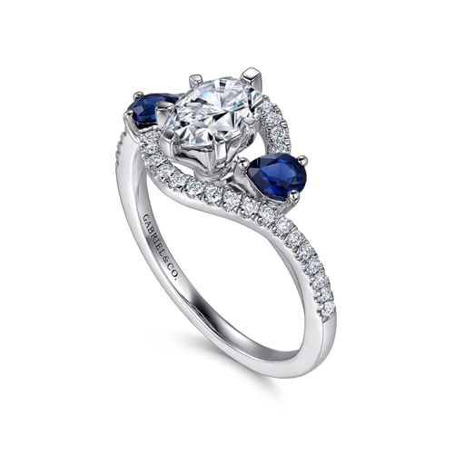 14K White Gold Pear Shape Three Stone Sapphire and Diamond Engagement Ring