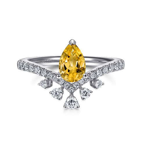 14K White Gold Pear Shaped Citrine Ring with Diamond Burst