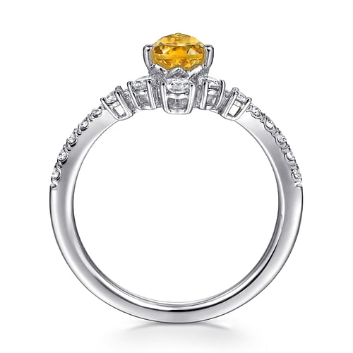 14K White Gold Pear Shaped Citrine Ring with Diamond Burst