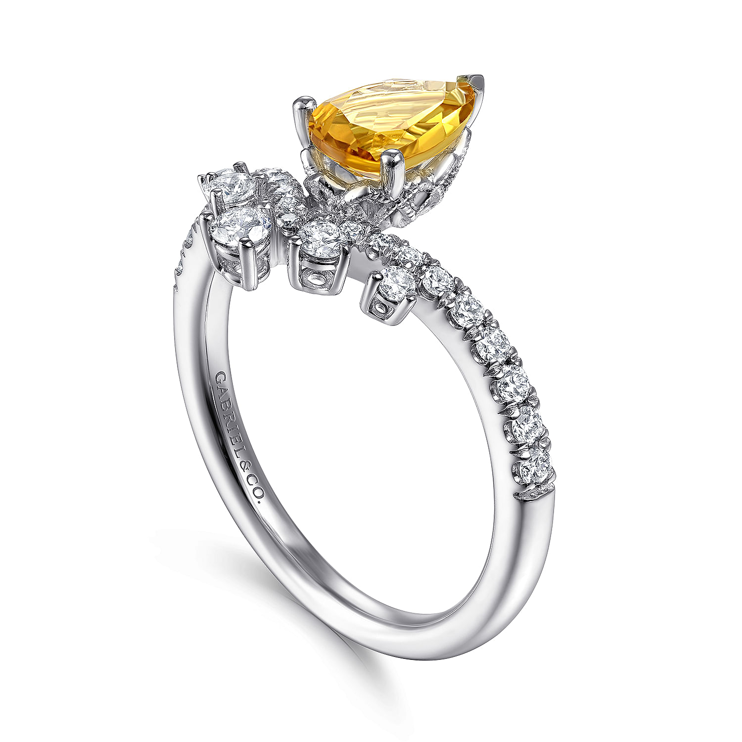 14K White Gold Pear Shaped Citrine Ring with Diamond Burst
