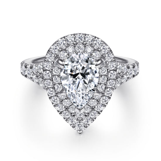 Gabriel - 14K White Gold Pear Shaped Double Halo Diamond Engagement Ring