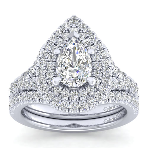 14K White Gold Pear Shaped Double Halo Diamond Engagement Ring