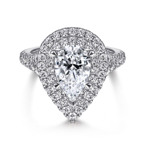 14K White Gold Pear Shaped Double Halo Diamond Engagement Ring