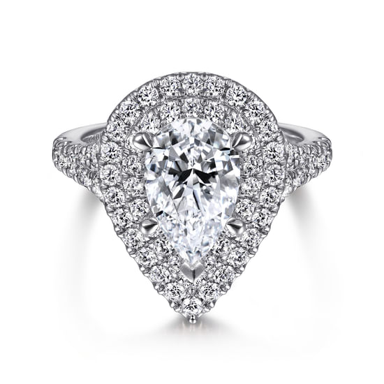 Gabriel - 14K White Gold Pear Shaped Double Halo Diamond Engagement Ring