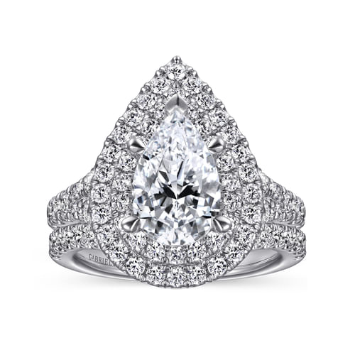 14K White Gold Pear Shaped Double Halo Diamond Engagement Ring