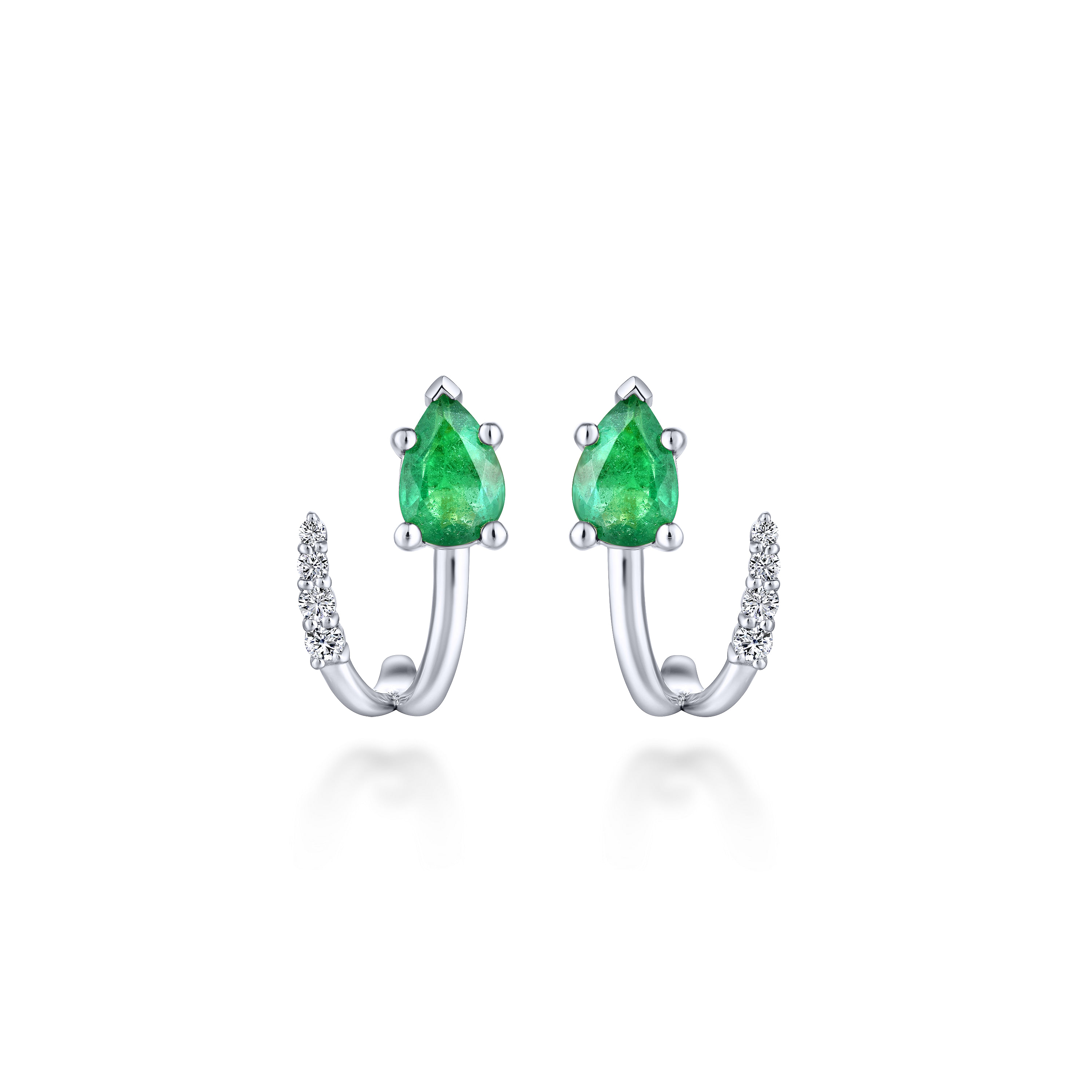 14K White Gold Pear Shaped Emerald & Diamond J Curve Stud Earrings