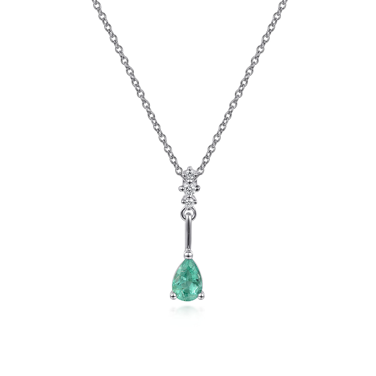 14K White Gold Pear Shaped Emerald and Diamond Drop Pendant Necklace