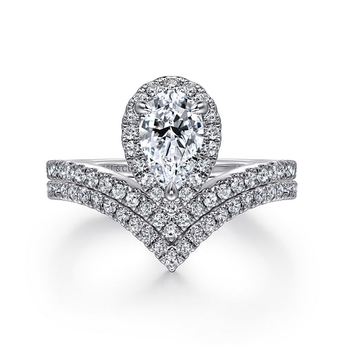 14K White Gold Pear Shaped Halo Chevron Engagement Ring