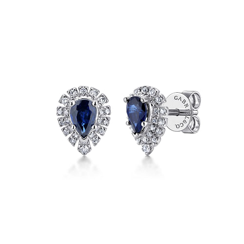 14K White Gold Pear Shaped Halo Diamond and Sapphire Stud Earrings