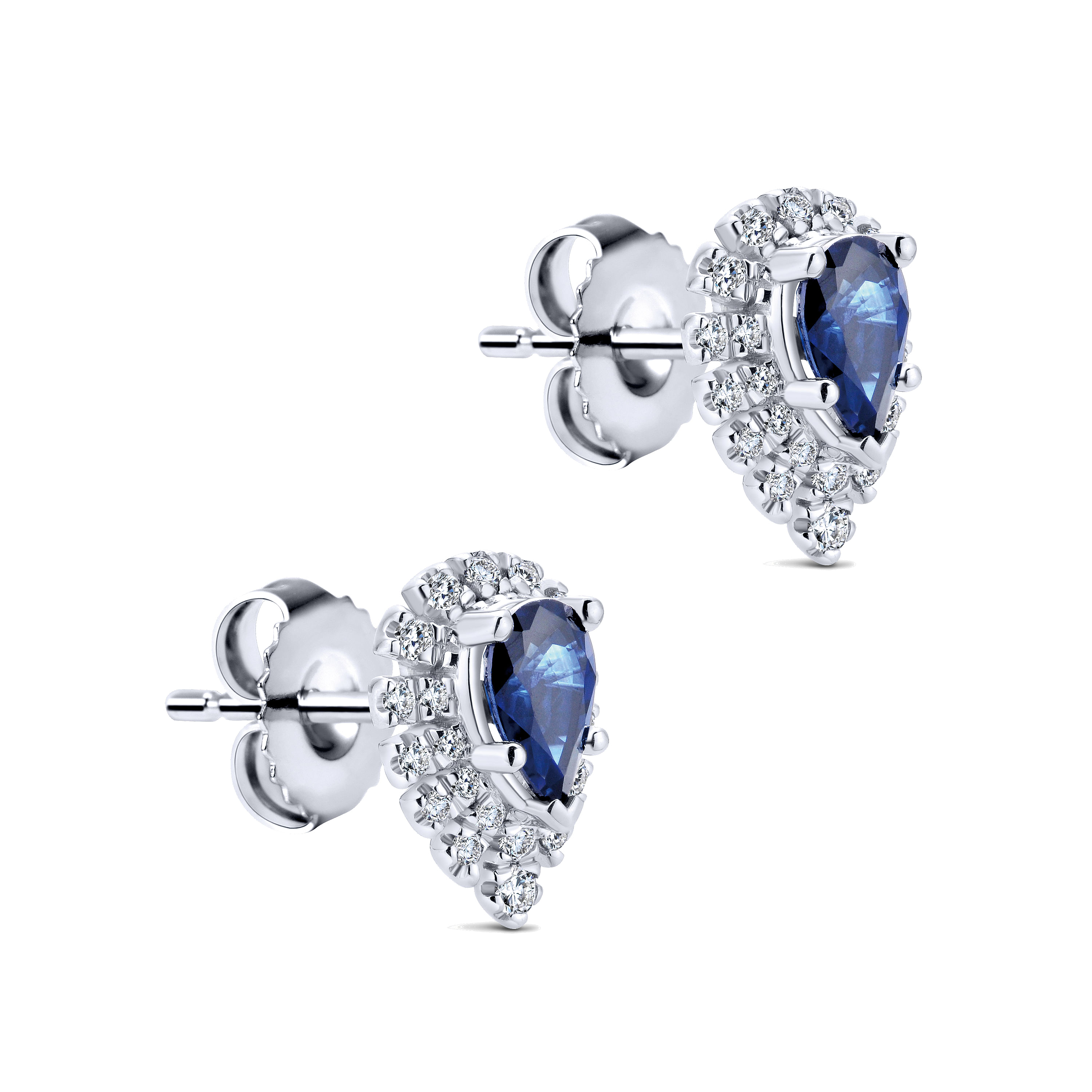 14K White Gold Pear Shaped Halo Diamond and Sapphire Stud Earrings