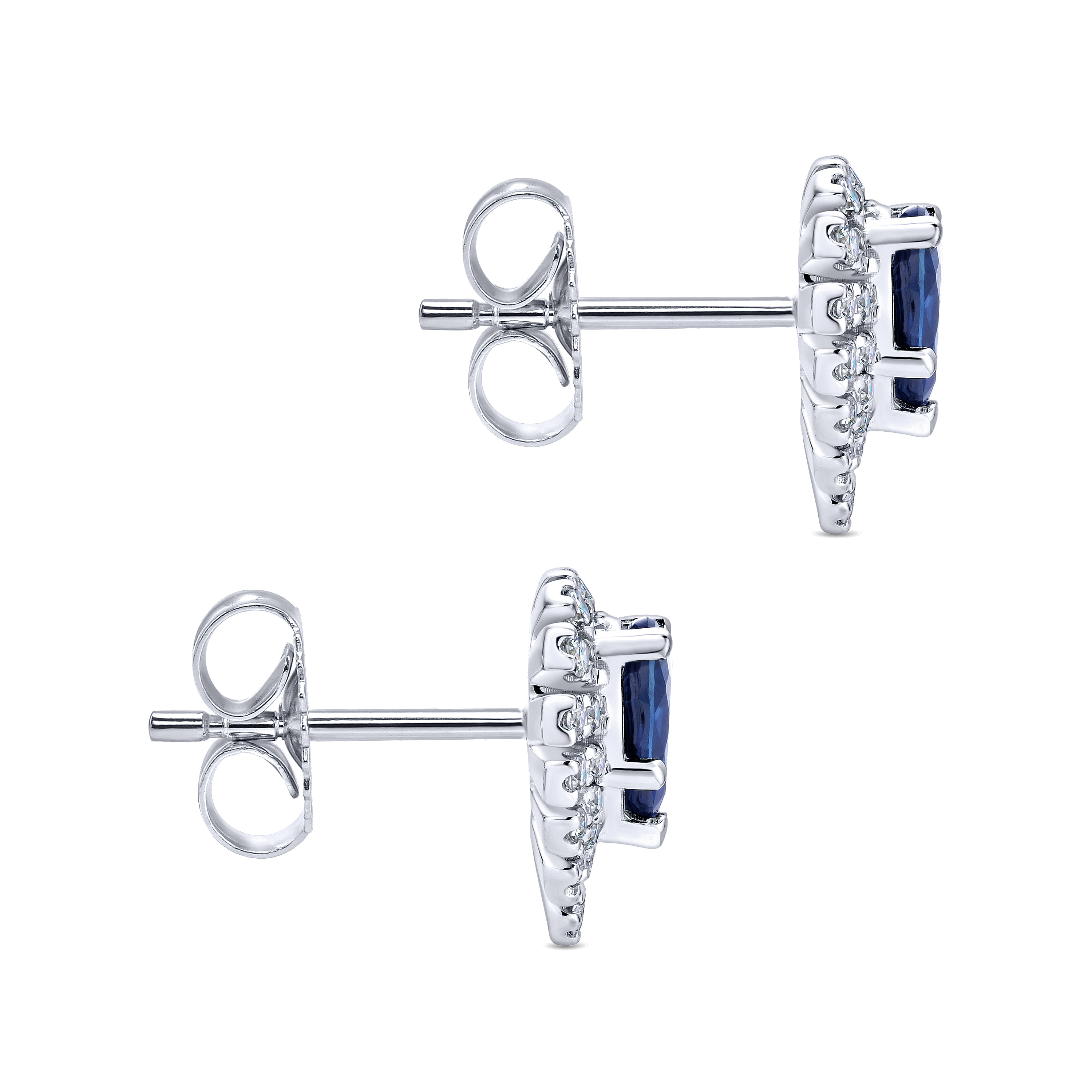 14K White Gold Pear Shaped Halo Diamond and Sapphire Stud Earrings