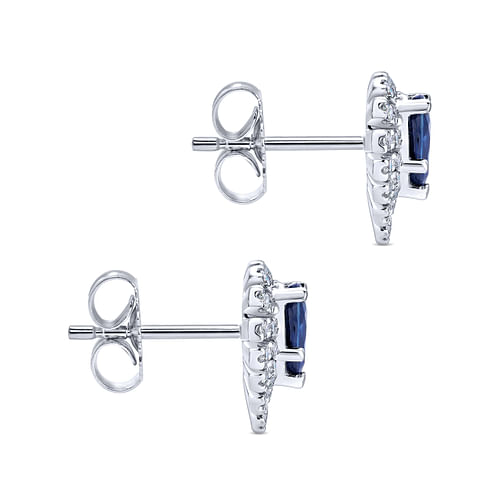 14K White Gold Pear Shaped Halo Diamond and Sapphire Stud Earrings