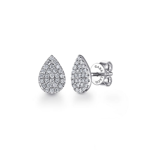 14K White Gold Pear Shaped Pavé Diamond Stud Earrings