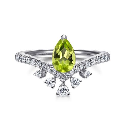 14K White Gold Pear Shaped Peridot with Diamond Burst