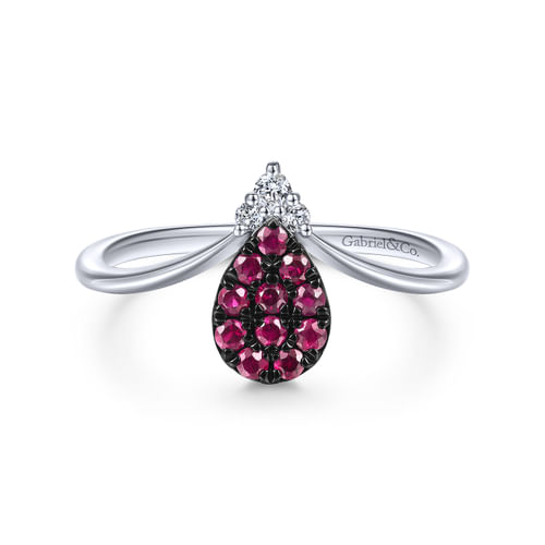 14K White Gold Pear Shaped Ruby Cluster and Diamond Ring