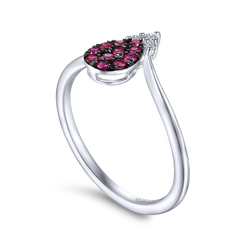 14K White Gold Pear Shaped Ruby Cluster and Diamond Ring