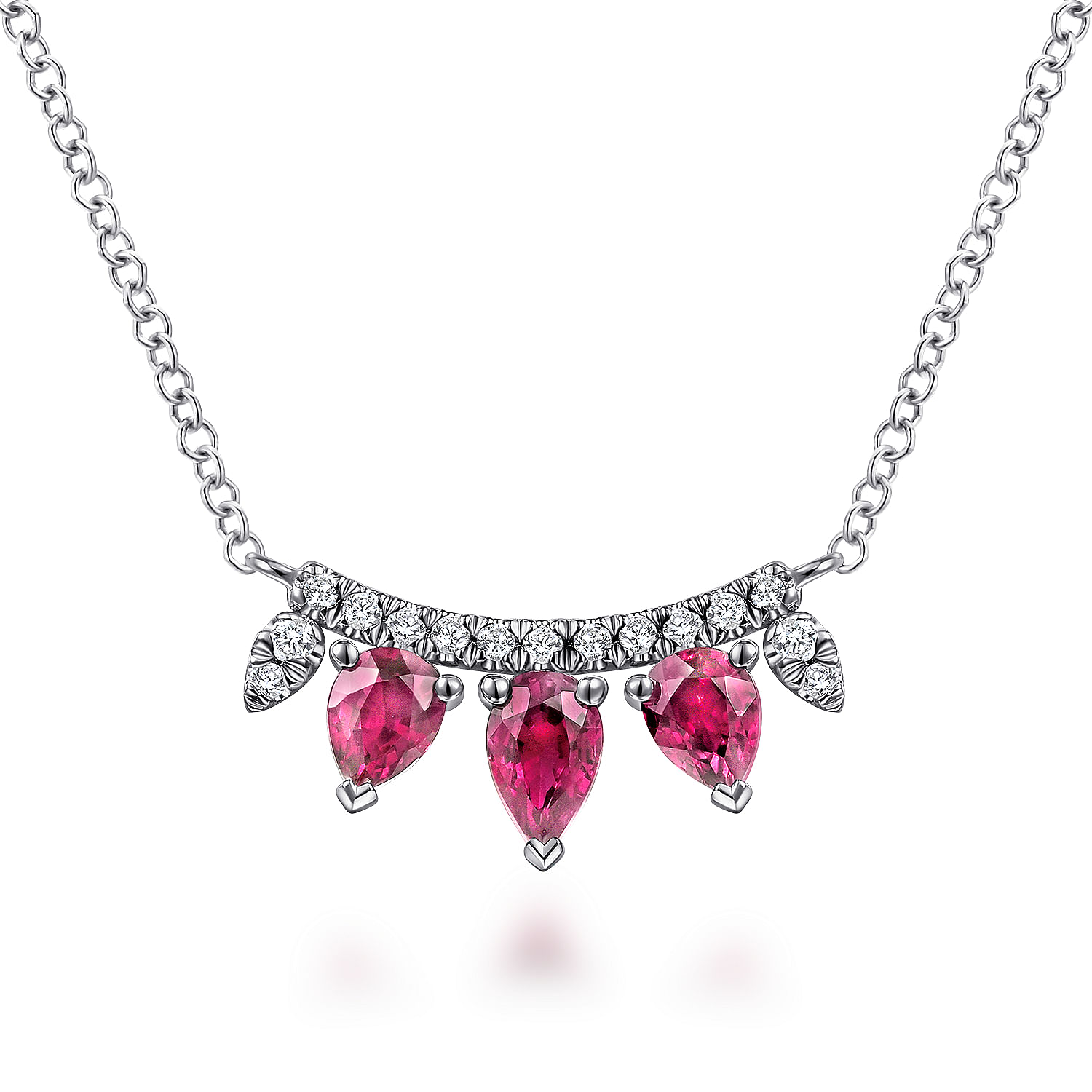 14K White Gold Pear Shaped Ruby and Diamond Bar Pendant Necklace