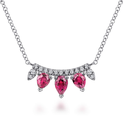 14K White Gold Pear Shaped Ruby and Diamond Bar Pendant Necklace