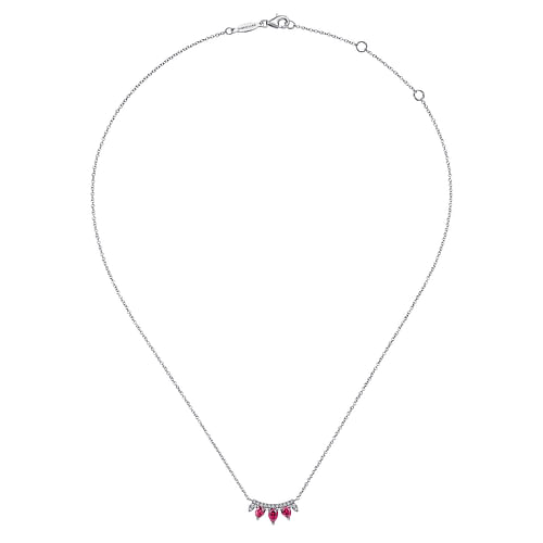 14K White Gold Pear Shaped Ruby and Diamond Bar Pendant Necklace