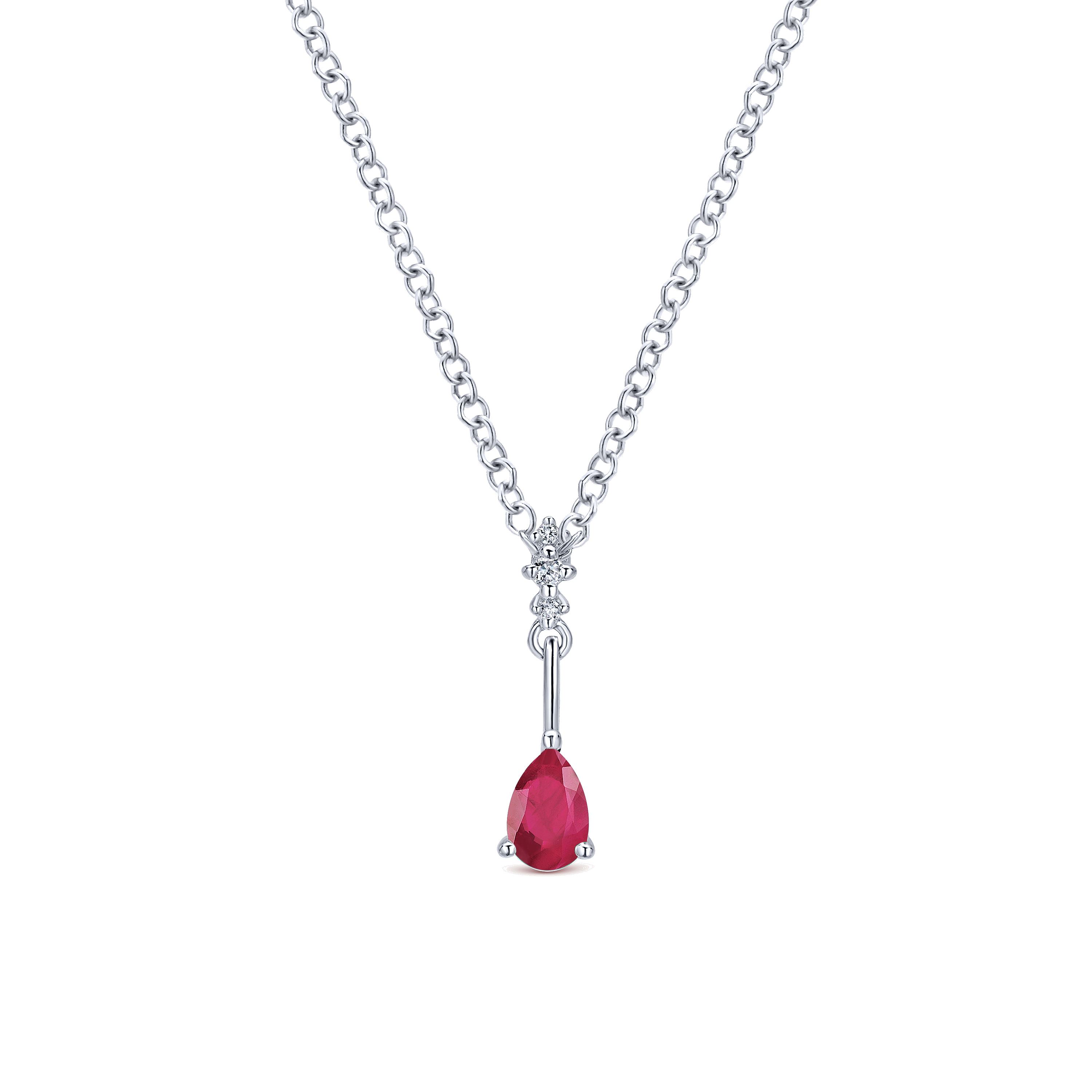 14K White Gold Pear Shaped Ruby and Diamond Drop Pendant Necklace