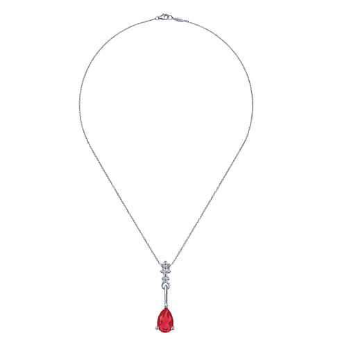 14K White Gold Pear Shaped Ruby and Diamond Drop Pendant Necklace