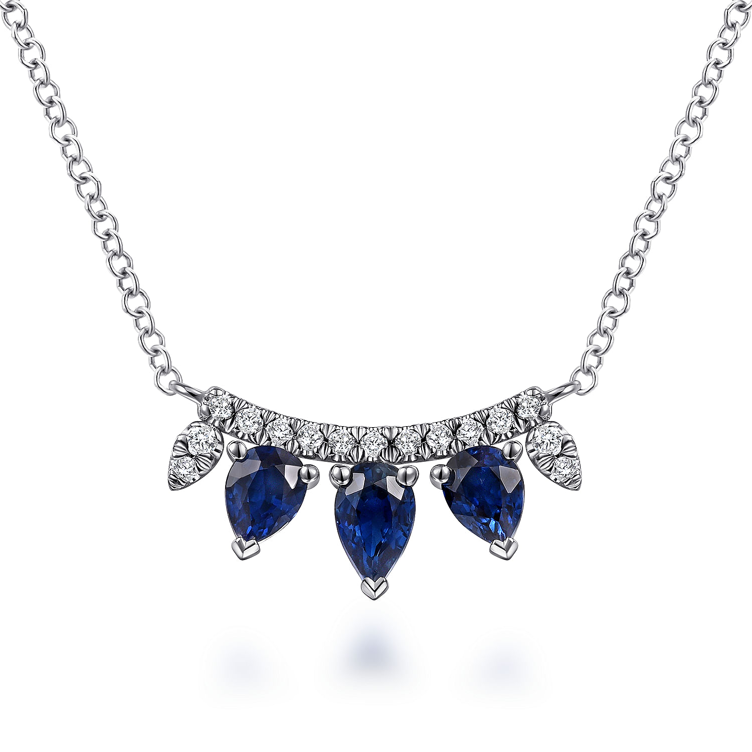 Gabriel - 14K White Gold Pear Shaped Sapphire and Diamond Bar Pendant Necklace