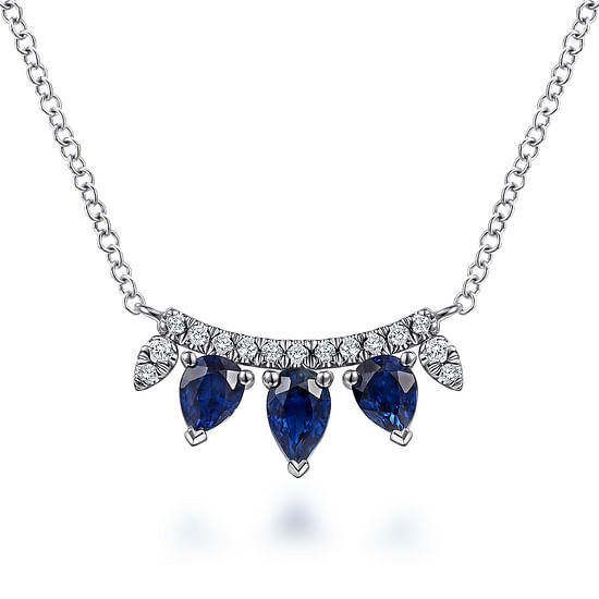 Gabriel - 14K White Gold Pear Shaped Sapphire and Diamond Bar Pendant Necklace