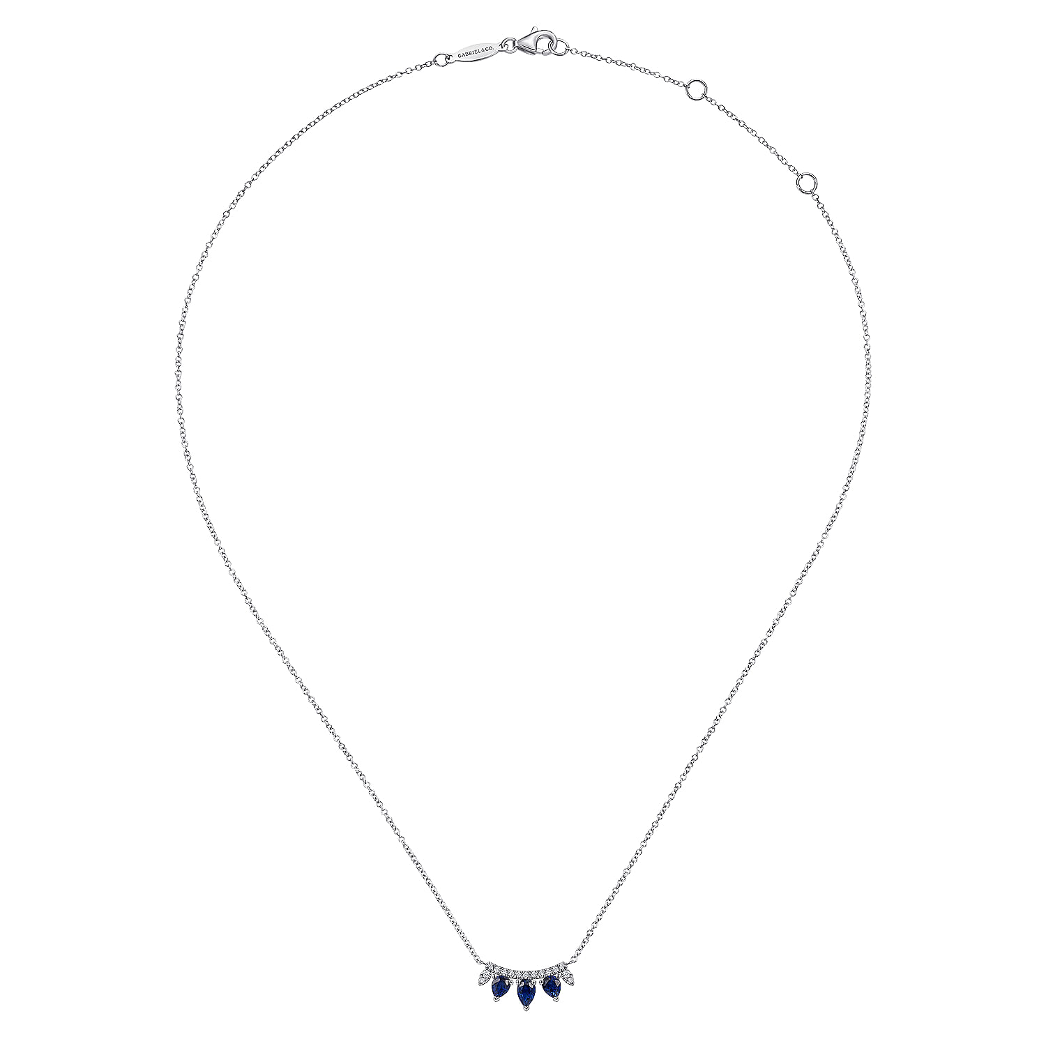 14K White Gold Pear Shaped Sapphire and Diamond Bar Pendant Necklace