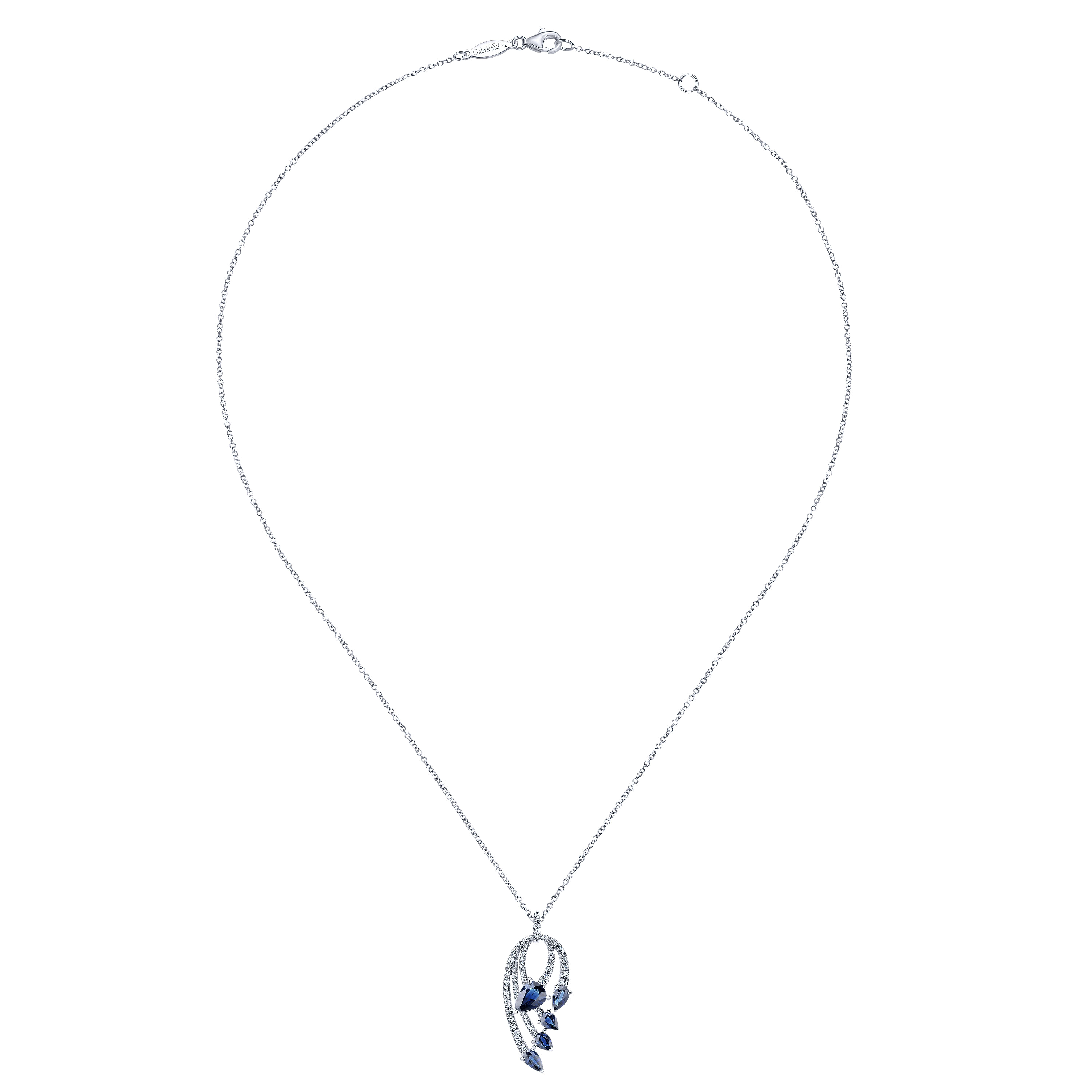 14K White Gold Pear Shaped Sapphire and Diamond Curved Pendant Necklace