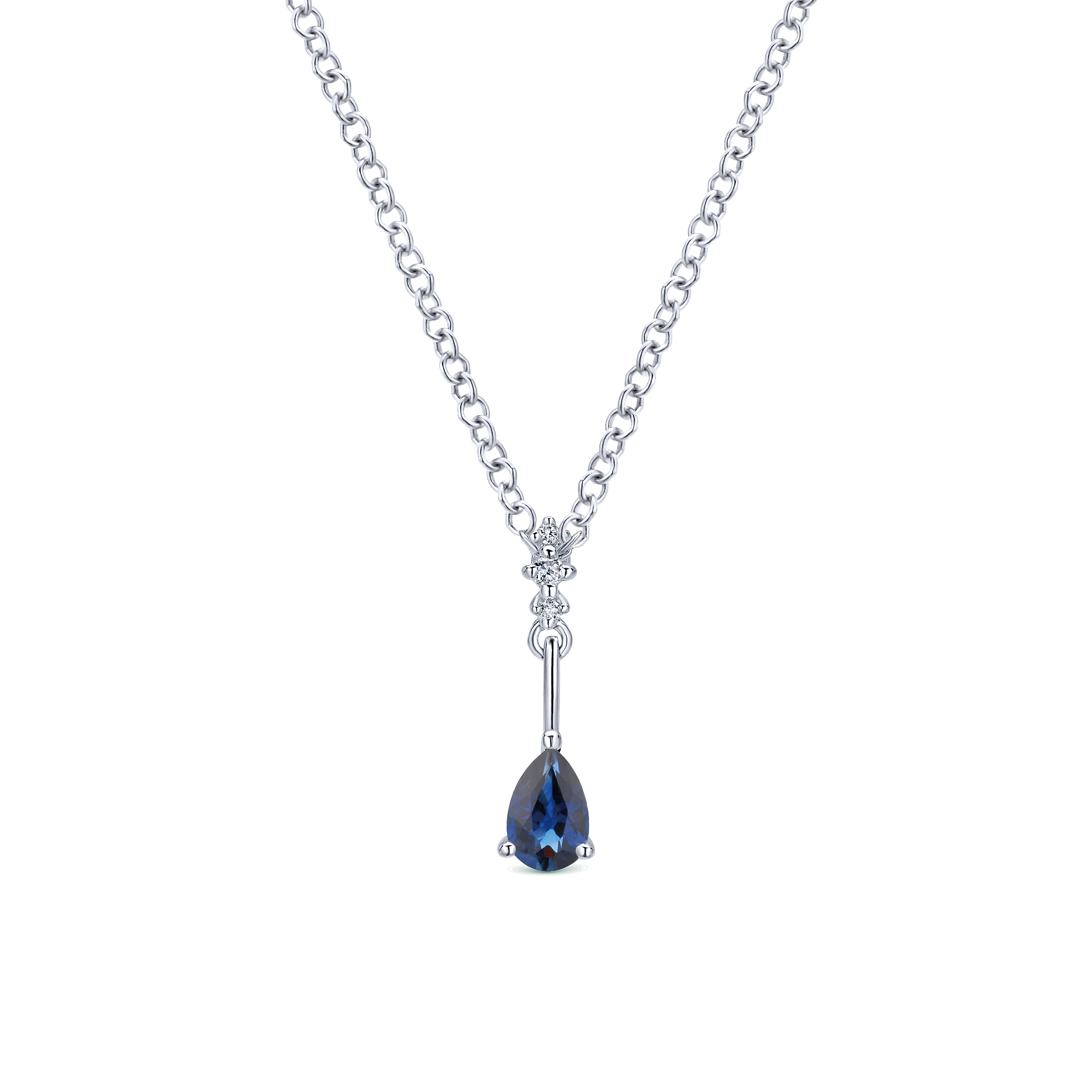 14K White Gold Pear Shaped Sapphire and Diamond Drop Pendant Necklace