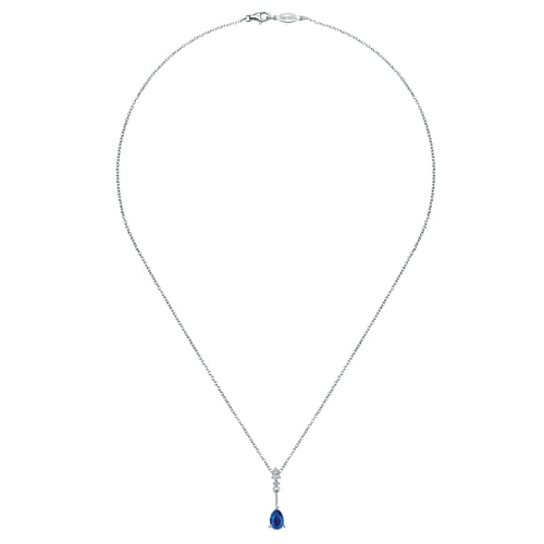 14K White Gold Pear Shaped Sapphire and Diamond Drop Pendant Necklace