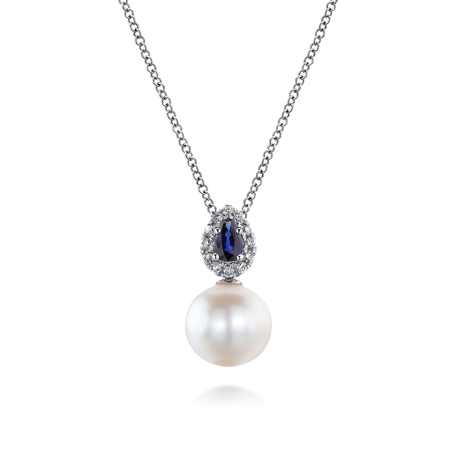 Gabriel - 14K White Gold Pear Shaped Sapphire and Diamond Halo Pendant Necklace with Pearl 