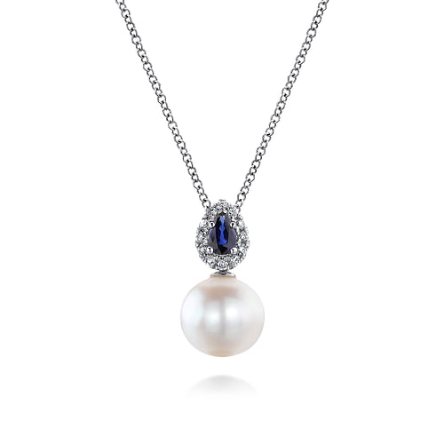 14K White Gold Pear Shaped Sapphire and Diamond Halo Pendant Necklace with Pearl 